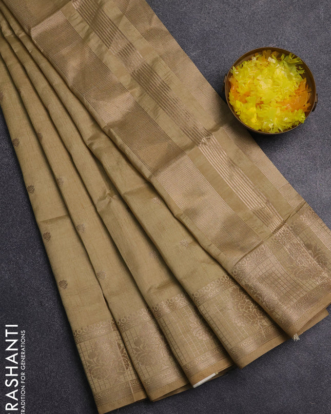 Semi raw silk saree sandal with zari woven buttas and zari checked butta border