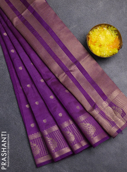 Semi raw silk saree purple with zari woven buttas and zari checked butta border