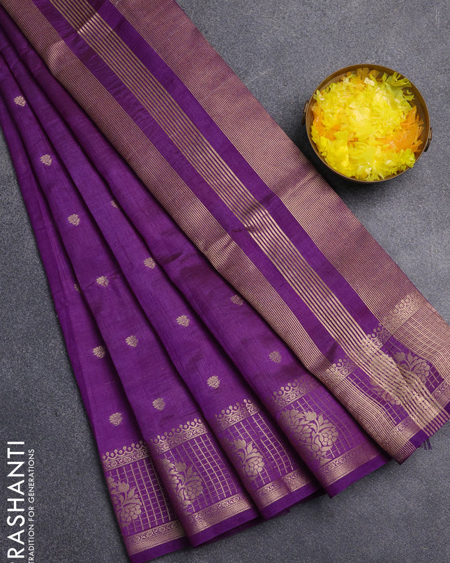 Semi raw silk saree purple with zari woven buttas and zari checked butta border