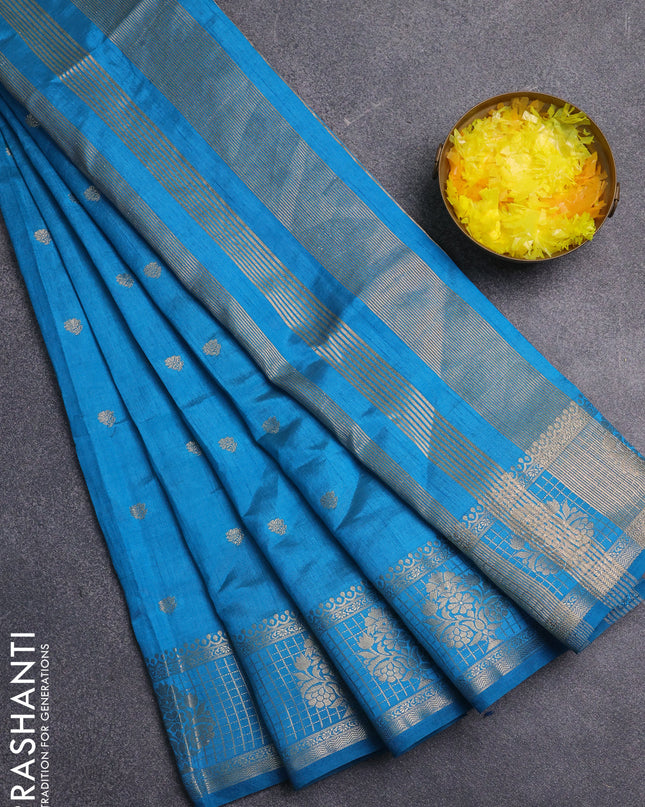 Semi raw silk saree cs blue with zari woven buttas and zari checked butta border