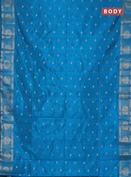 Semi raw silk saree cs blue with zari woven buttas and zari checked butta border