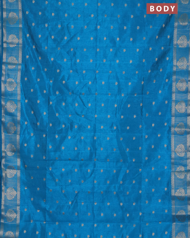 Semi raw silk saree cs blue with zari woven buttas and zari checked butta border
