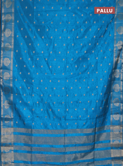 Semi raw silk saree cs blue with zari woven buttas and zari checked butta border