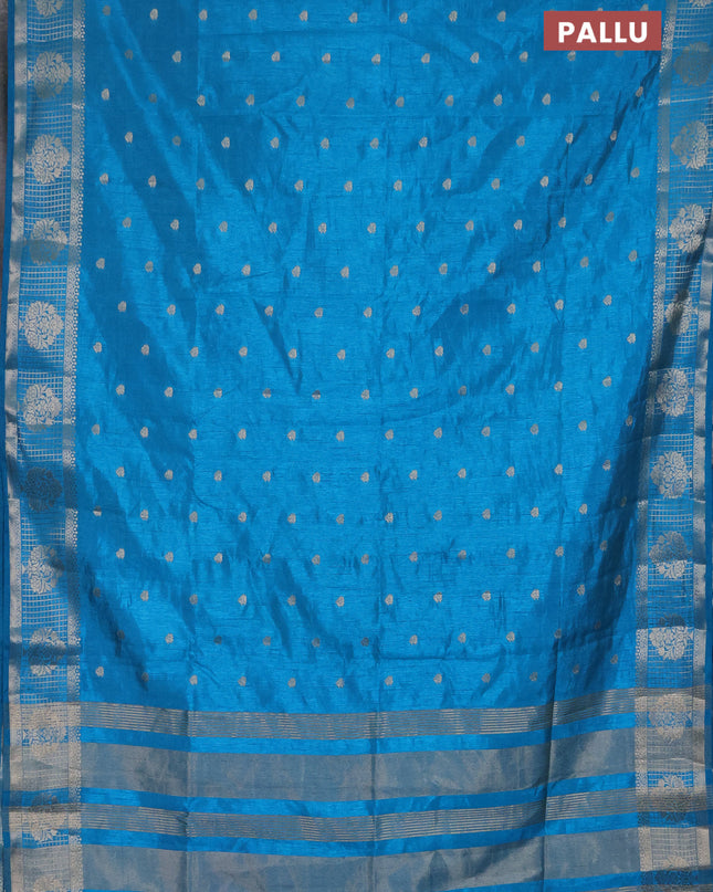 Semi raw silk saree cs blue with zari woven buttas and zari checked butta border