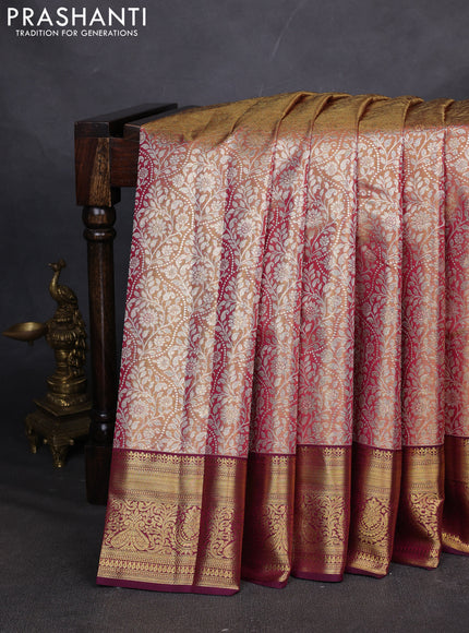 Pure kanchipuram silk saree dual shade of gold and purple with allover zari woven brocade weaves and zari woven border