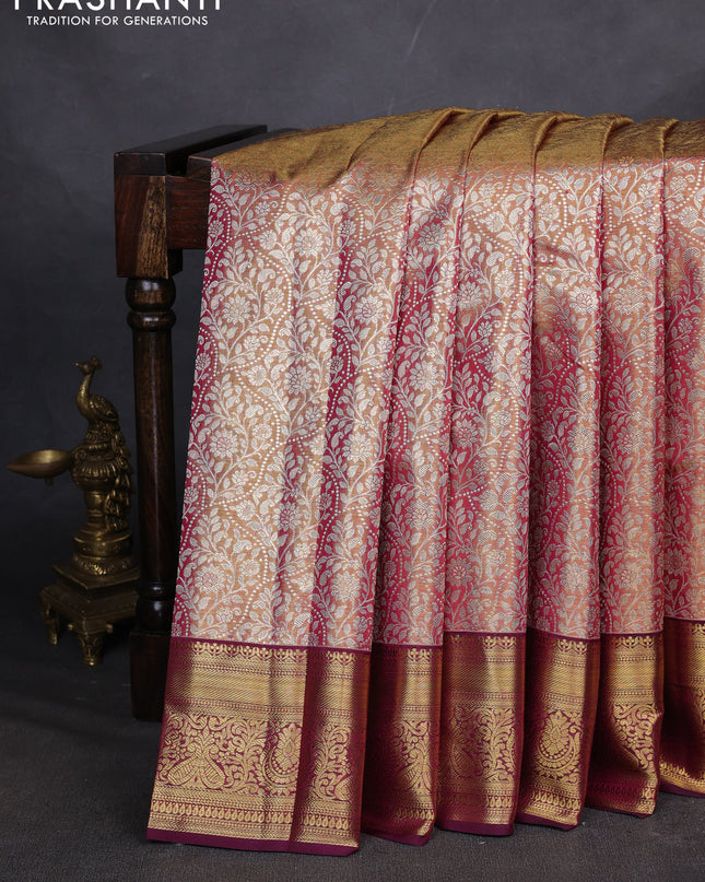 Pure kanchipuram silk saree dual shade of gold and purple with allover zari woven brocade weaves and zari woven border