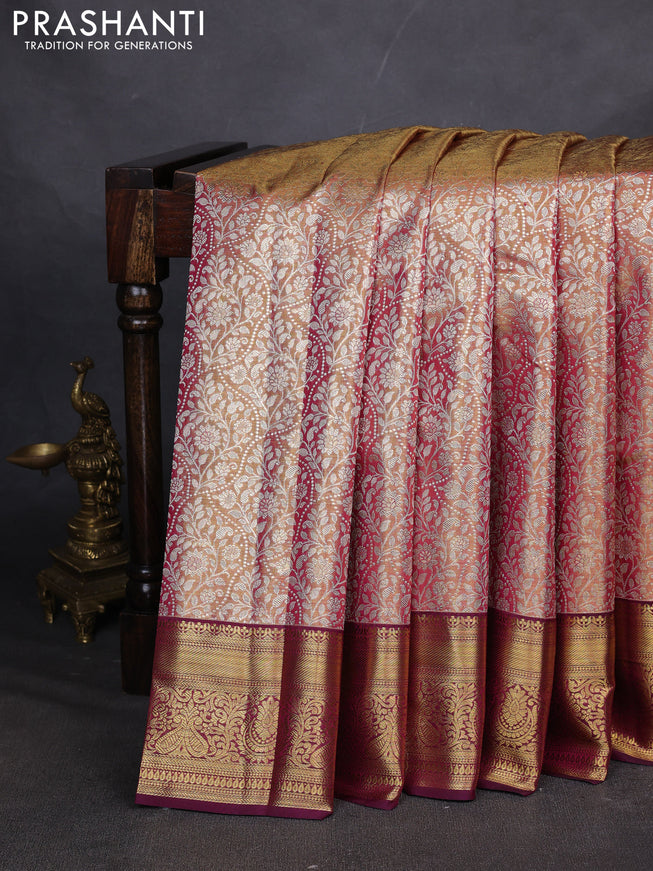 Pure kanchipuram silk saree dual shade of gold and purple with allover zari woven brocade weaves and zari woven border