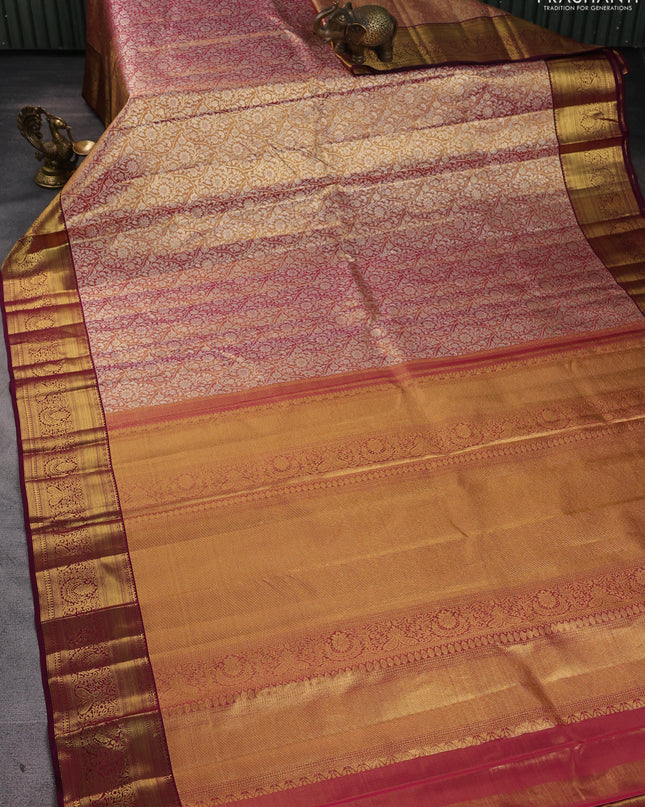 Pure kanchipuram silk saree dual shade of gold and purple with allover zari woven brocade weaves and zari woven border
