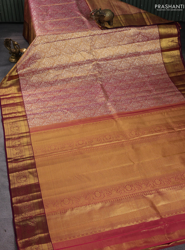 Pure kanchipuram silk saree dual shade of gold and purple with allover zari woven brocade weaves and zari woven border