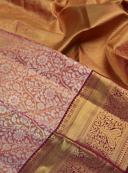 Pure kanchipuram silk saree dual shade of gold and purple with allover zari woven brocade weaves and zari woven border