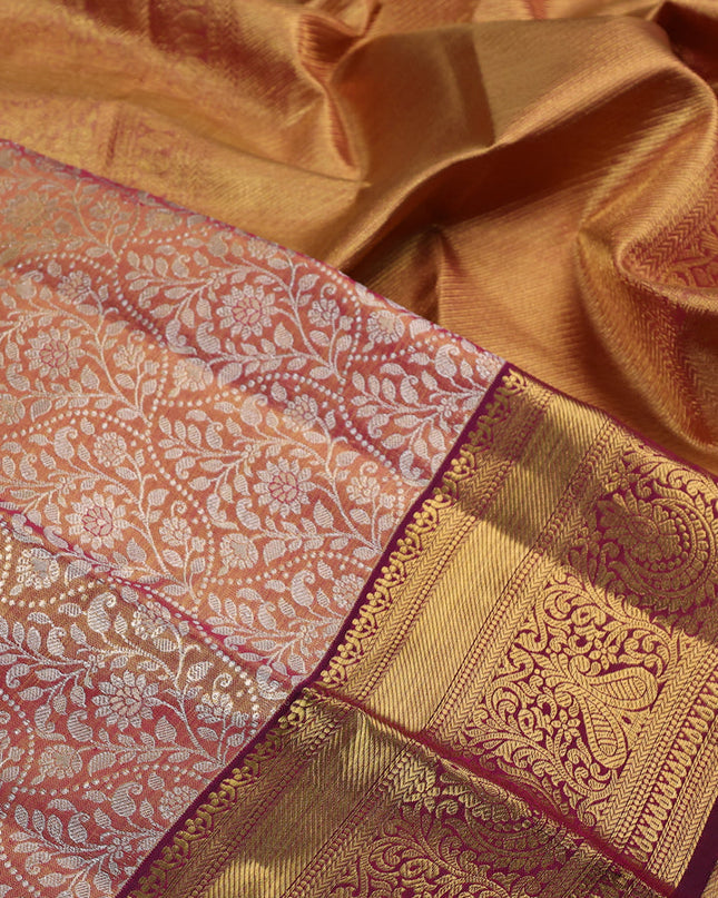 Pure kanchipuram silk saree dual shade of gold and purple with allover zari woven brocade weaves and zari woven border