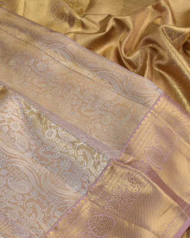 Pure kanchipuram silk saree gold and peach shade with allover zari woven brocade weaves and zari woven border
