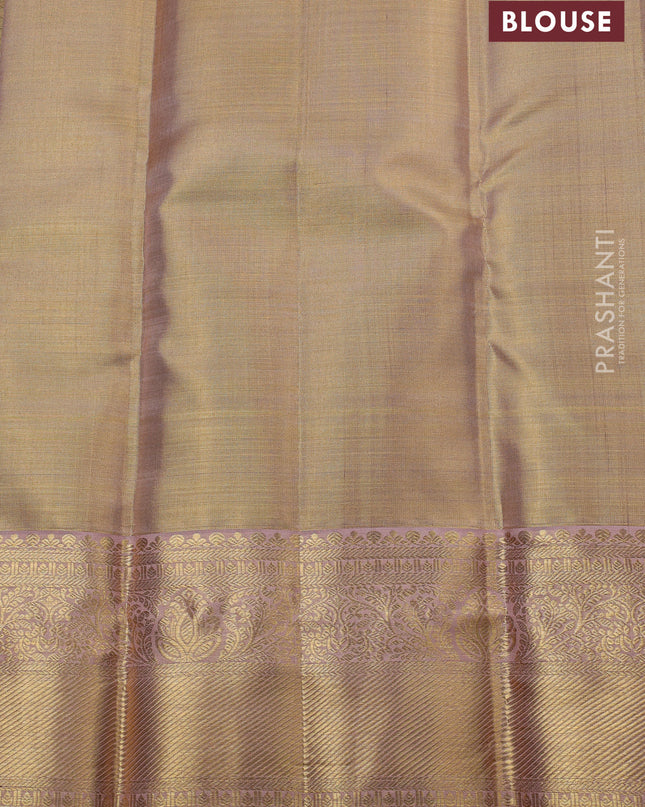 Pure kanchipuram silk saree gold and peach shade with allover zari woven brocade weaves and zari woven border