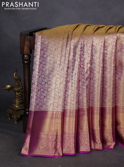 Pure kanchipuram silk saree dual shade of gold and purple with allover zari woven brocade weaves and zari woven border