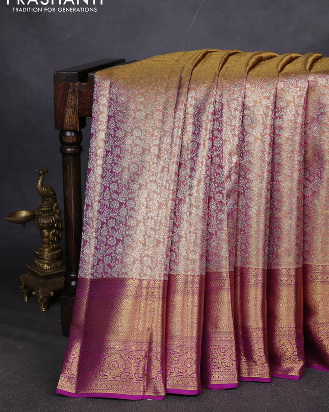 Pure kanchipuram silk saree dual shade of gold and purple with allover zari woven brocade weaves and zari woven border