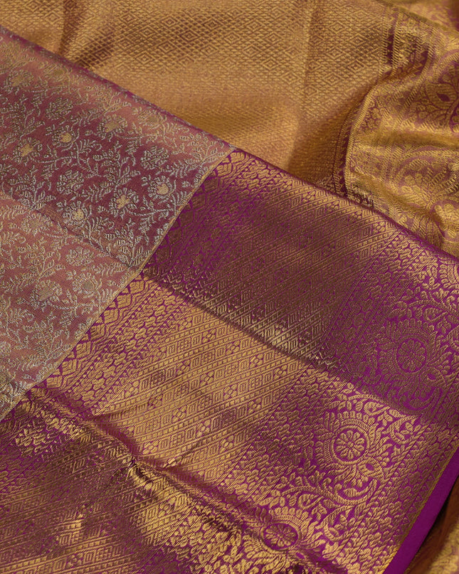 Pure kanchipuram silk saree dual shade of gold and purple with allover zari woven brocade weaves and zari woven border