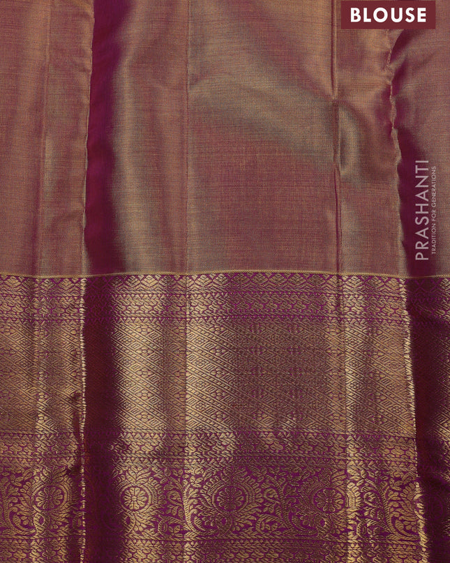 Pure kanchipuram silk saree dual shade of gold and purple with allover zari woven brocade weaves and zari woven border