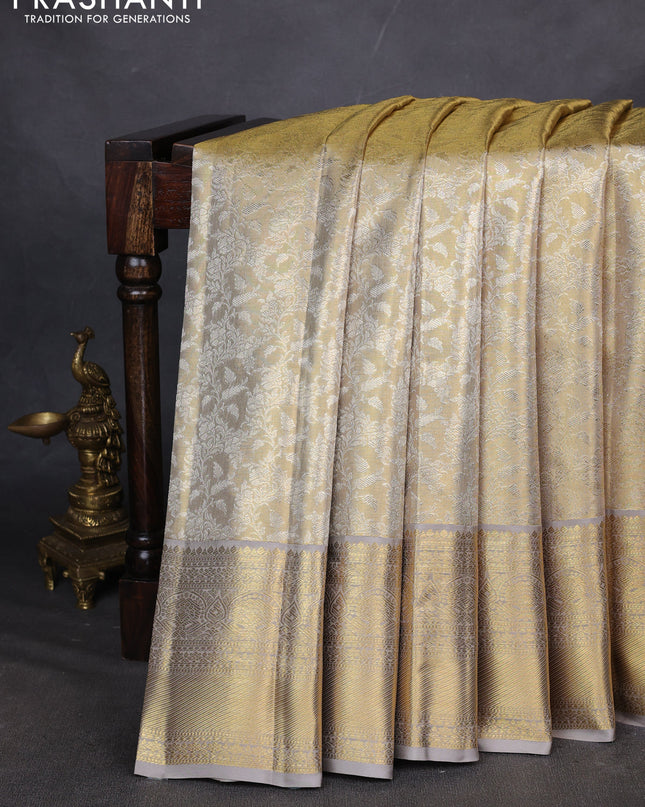 Pure kanchipuram silk saree gold and grey with allover zari woven brocade weaves and zari woven border