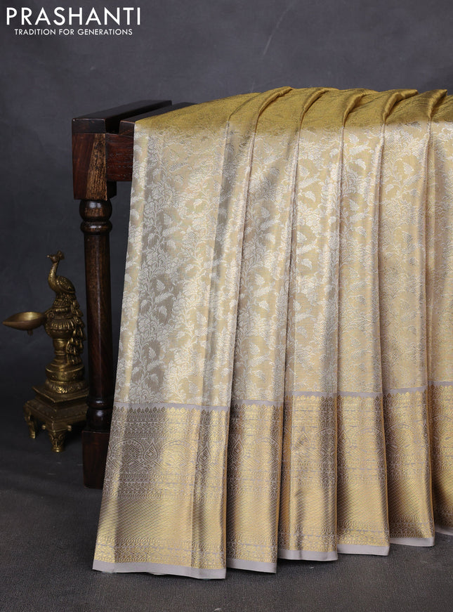 Pure kanchipuram silk saree gold and grey with allover zari woven brocade weaves and zari woven border