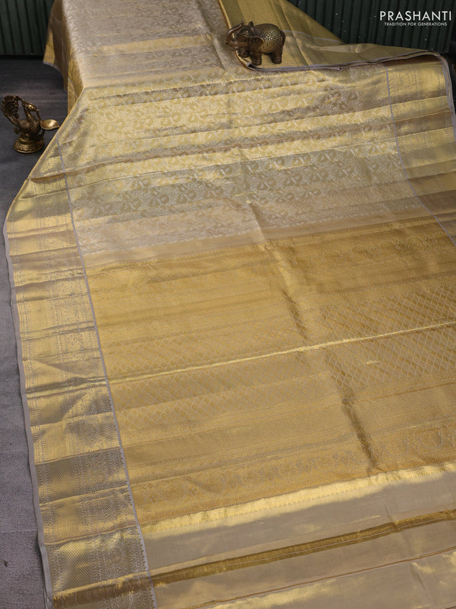 Pure kanchipuram silk saree gold and grey with allover zari woven brocade weaves and zari woven border