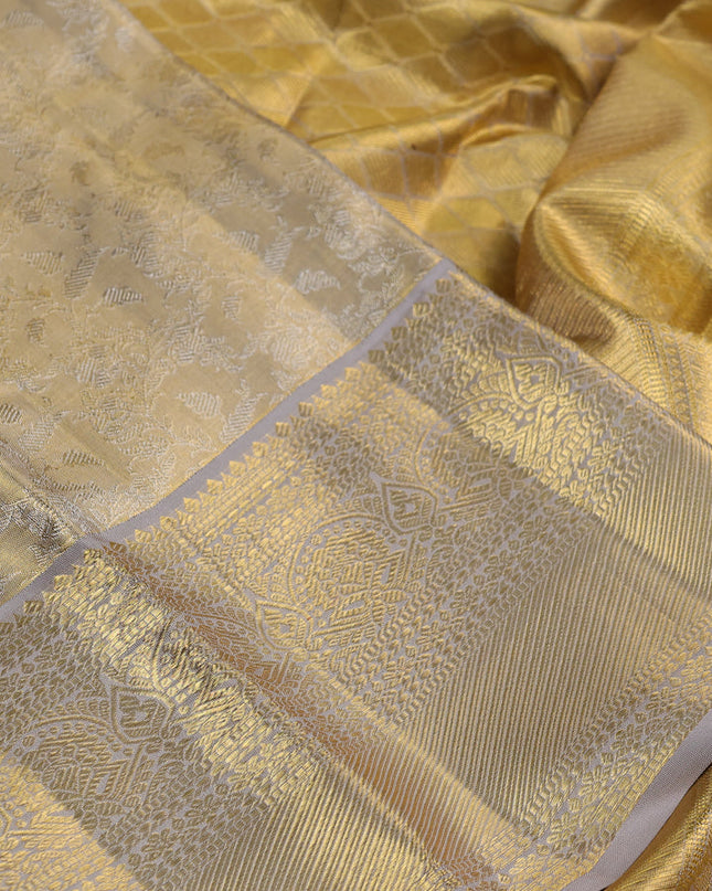 Pure kanchipuram silk saree gold and grey with allover zari woven brocade weaves and zari woven border