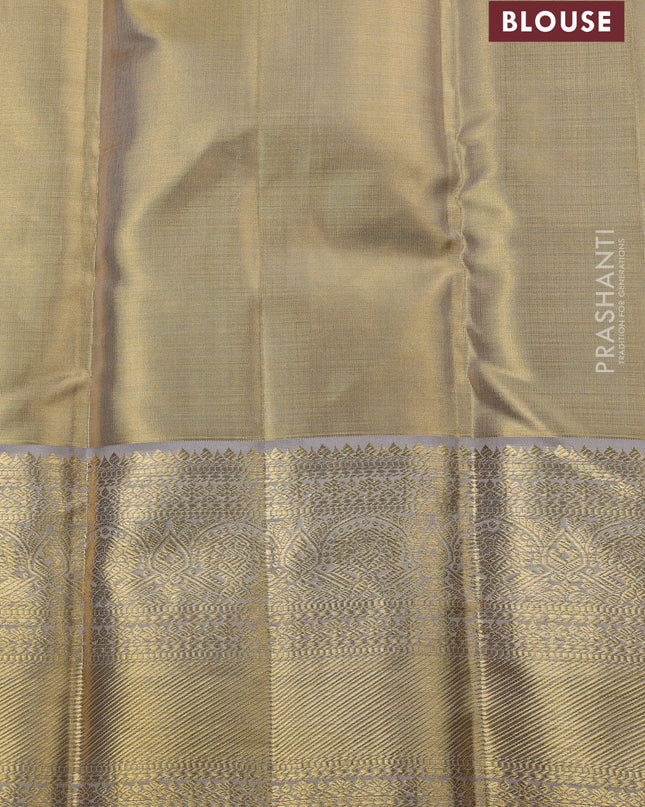 Pure kanchipuram silk saree gold and grey with allover zari woven brocade weaves and zari woven border