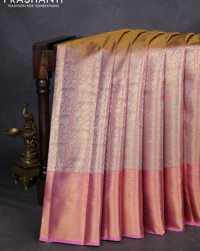 Pure kanchipuram silk saree dual shade of gold and light pink with allover zari woven brocade weaves and zari woven border