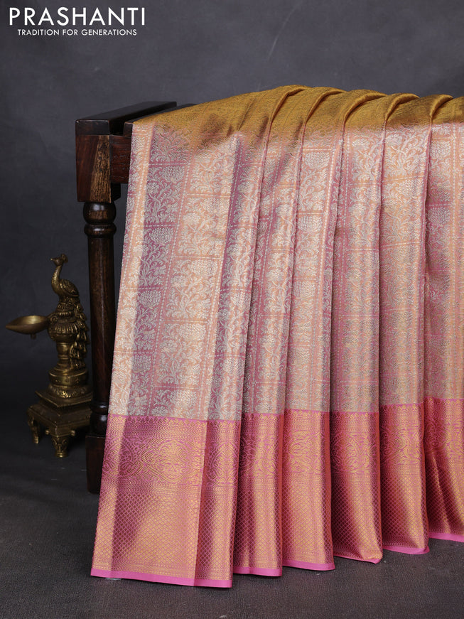 Pure kanchipuram silk saree dual shade of gold and light pink with allover zari woven brocade weaves and zari woven border