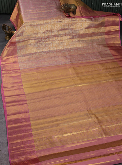 Pure kanchipuram silk saree dual shade of gold and light pink with allover zari woven brocade weaves and zari woven border