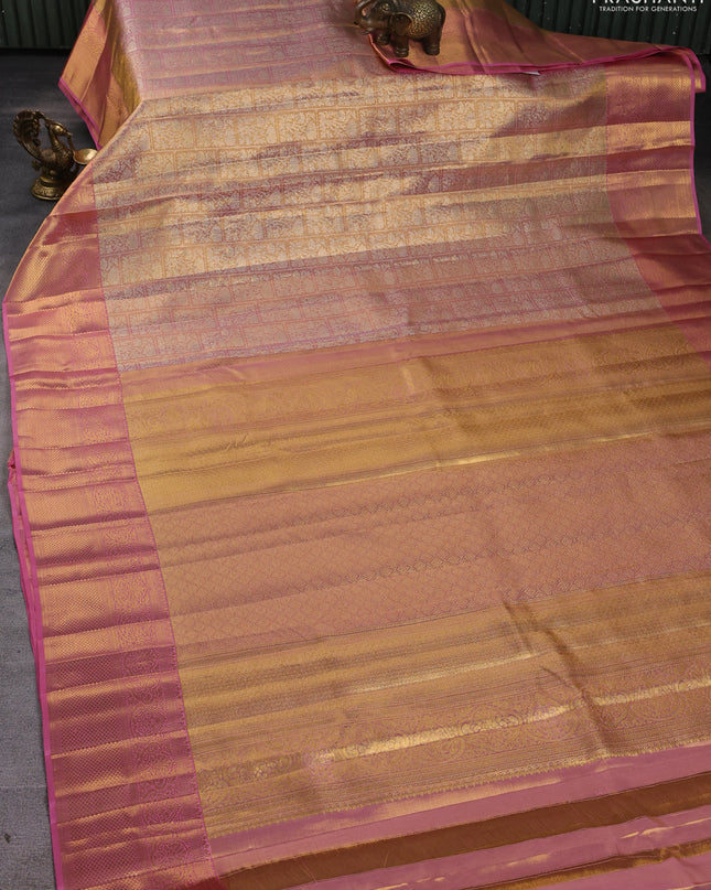 Pure kanchipuram silk saree dual shade of gold and light pink with allover zari woven brocade weaves and zari woven border