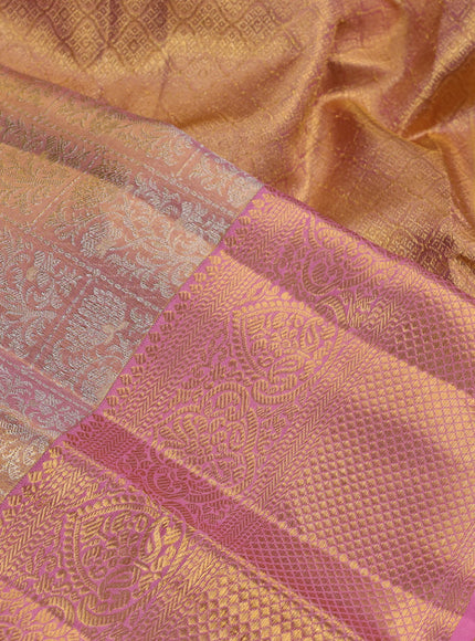 Pure kanchipuram silk saree dual shade of gold and light pink with allover zari woven brocade weaves and zari woven border