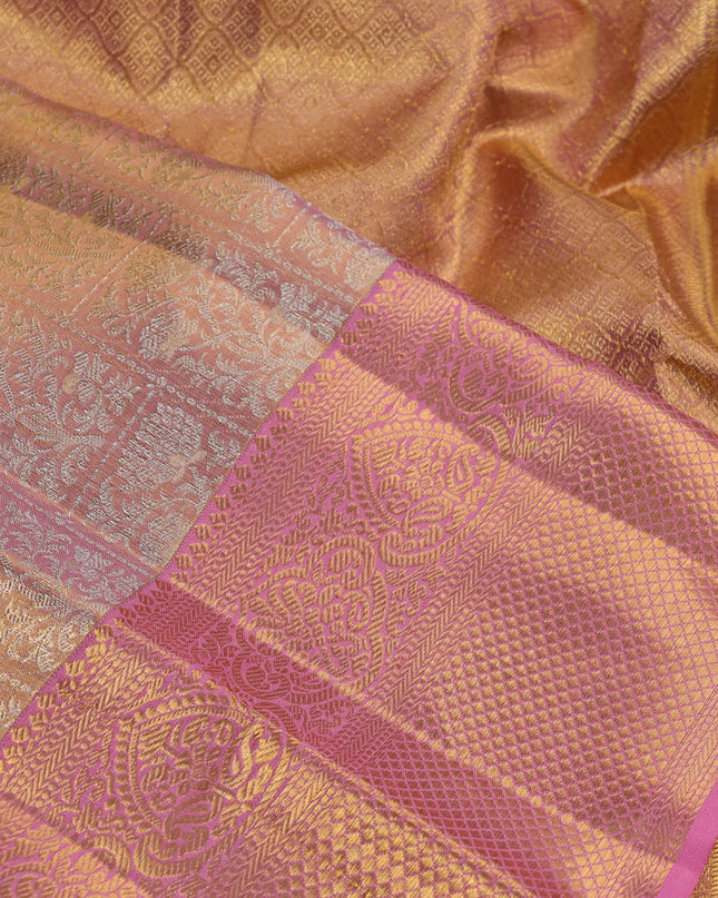 Pure kanchipuram silk saree dual shade of gold and light pink with allover zari woven brocade weaves and zari woven border