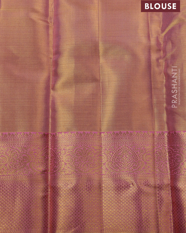 Pure kanchipuram silk saree dual shade of gold and light pink with allover zari woven brocade weaves and zari woven border