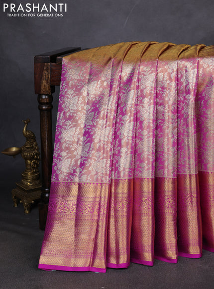 Pure kanchipuram silk saree dual shade of pink and purple with allover zari woven brocade weaves and zari woven border