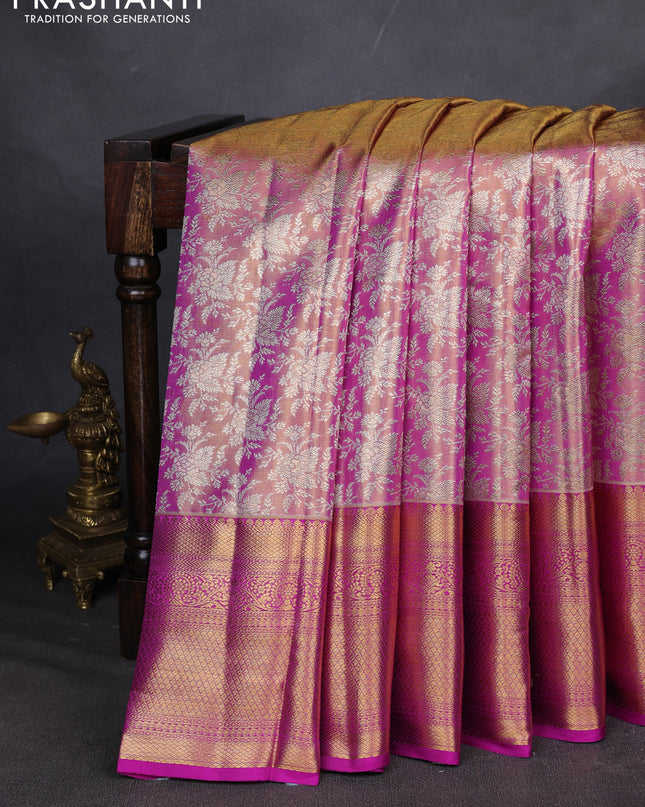 Pure kanchipuram silk saree dual shade of pink and purple with allover zari woven brocade weaves and zari woven border