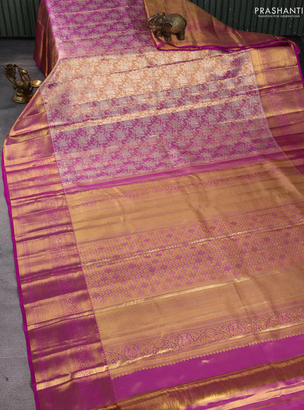 Pure kanchipuram silk saree dual shade of pink and purple with allover zari woven brocade weaves and zari woven border