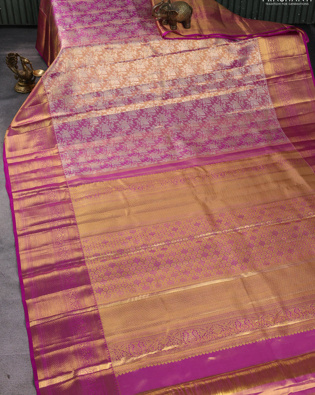 Pure kanchipuram silk saree dual shade of pink and purple with allover zari woven brocade weaves and zari woven border