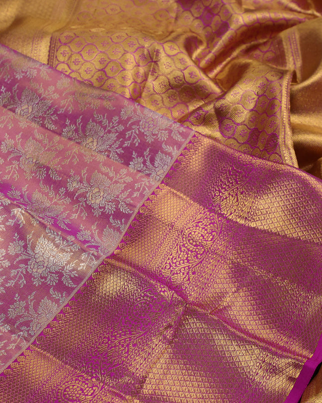 Pure kanchipuram silk saree dual shade of pink and purple with allover zari woven brocade weaves and zari woven border