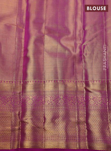 Pure kanchipuram silk saree dual shade of pink and purple with allover zari woven brocade weaves and zari woven border
