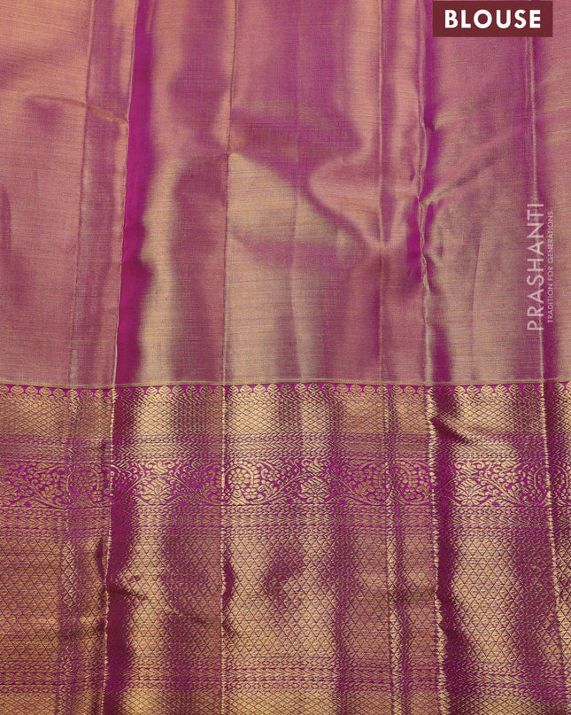 Pure kanchipuram silk saree dual shade of pink and purple with allover zari woven brocade weaves and zari woven border