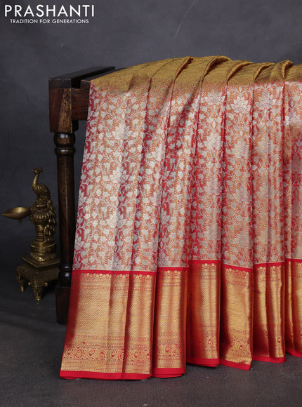 Pure kanchipuram silk saree gold and red with allover zari woven brocade weaves and zari woven border