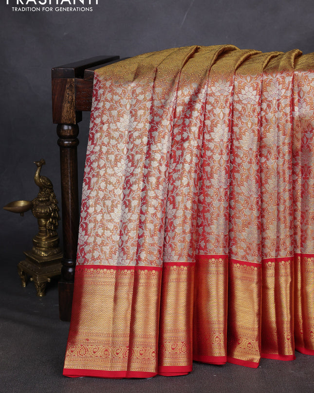 Pure kanchipuram silk saree gold and red with allover zari woven brocade weaves and zari woven border