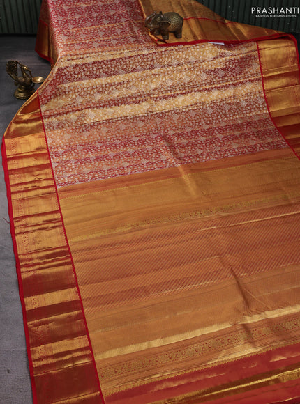 Pure kanchipuram silk saree gold and red with allover zari woven brocade weaves and zari woven border