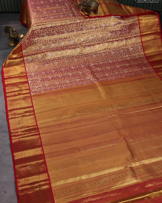 Pure kanchipuram silk saree gold and red with allover zari woven brocade weaves and zari woven border