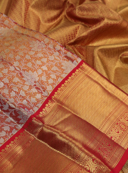 Pure kanchipuram silk saree gold and red with allover zari woven brocade weaves and zari woven border