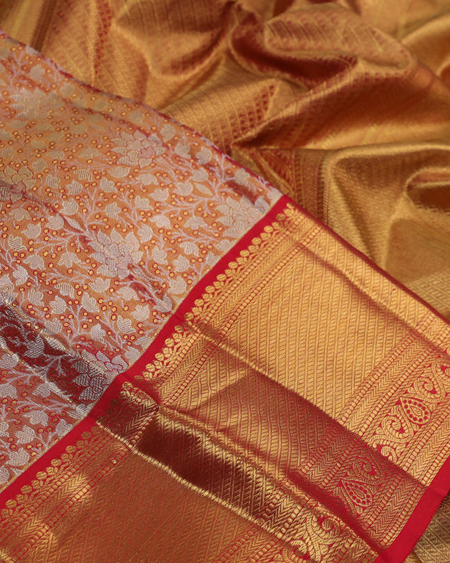 Pure kanchipuram silk saree gold and red with allover zari woven brocade weaves and zari woven border