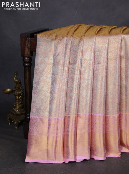 Pure kanchipuram silk saree gold and light pink with allover zari woven brocade weaves and zari woven border