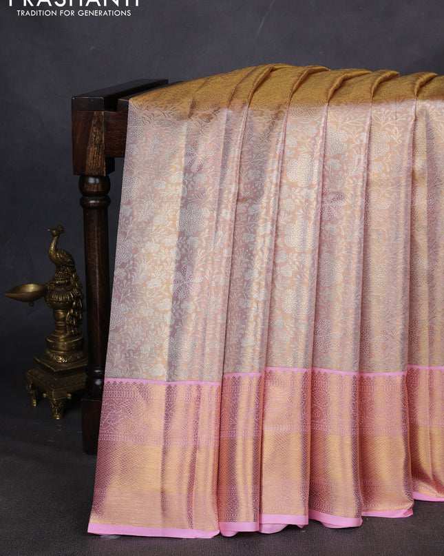Pure kanchipuram silk saree gold and light pink with allover zari woven brocade weaves and zari woven border