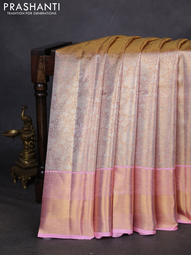 Pure kanchipuram silk saree gold and light pink with allover zari woven brocade weaves and zari woven border