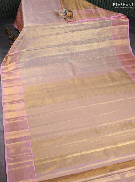 Pure kanchipuram silk saree gold and light pink with allover zari woven brocade weaves and zari woven border